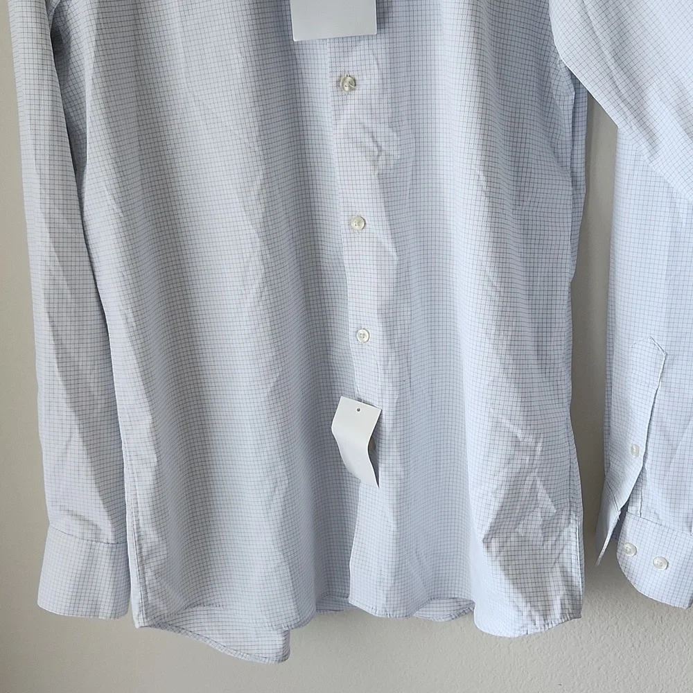 PERRY ELLIS Portfolio Tech Dress Shirt Slim Sz 16 34/35 Light Blue Checkered NWT - Picture 4 of 9